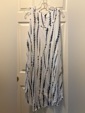 Terra & Sky White Tank Dress with Blue Tie-Dye Stripes